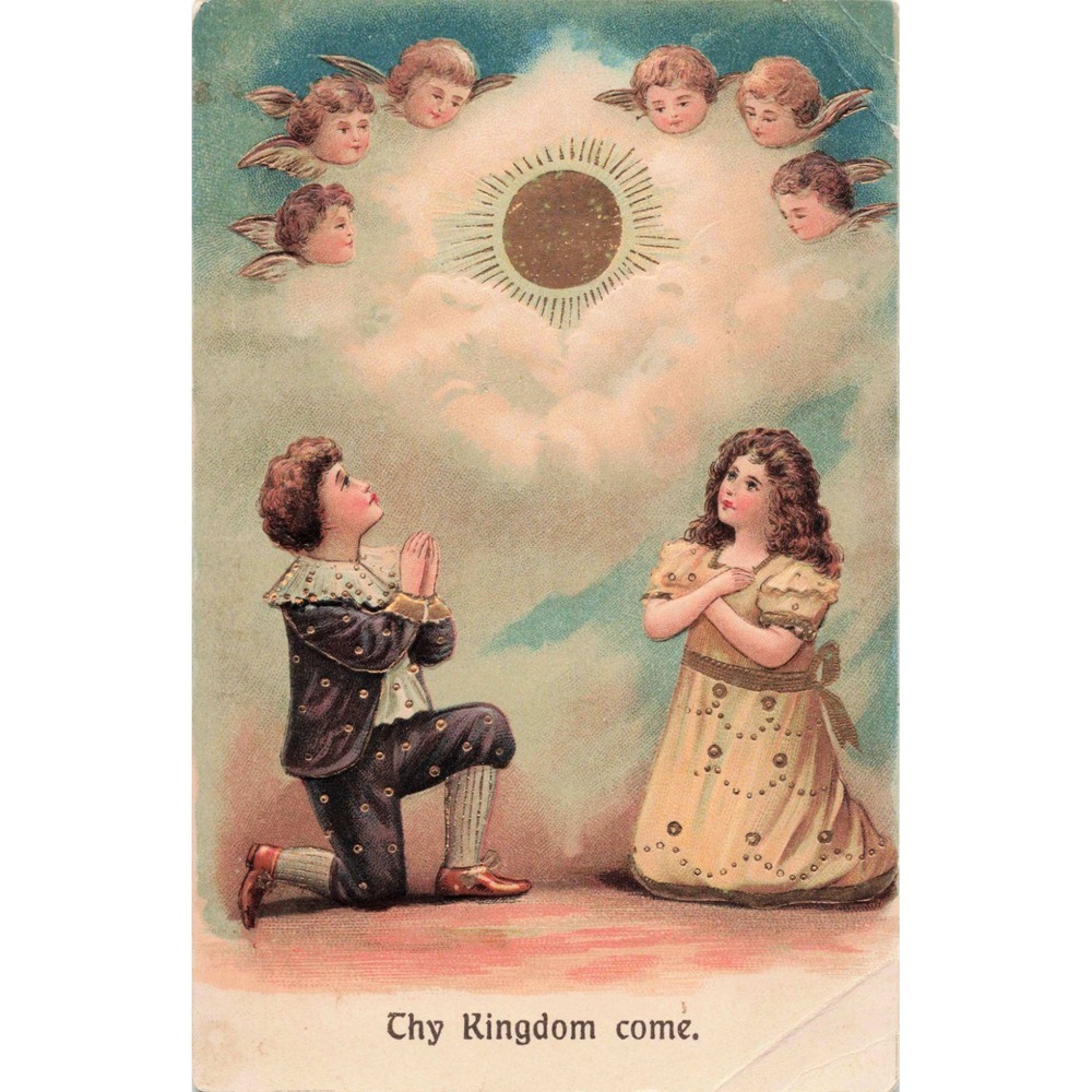 Thy Kingdom Come Antique Postcard Embossed Children Praying Cherub Angels c1910 - Picture 1 of 2